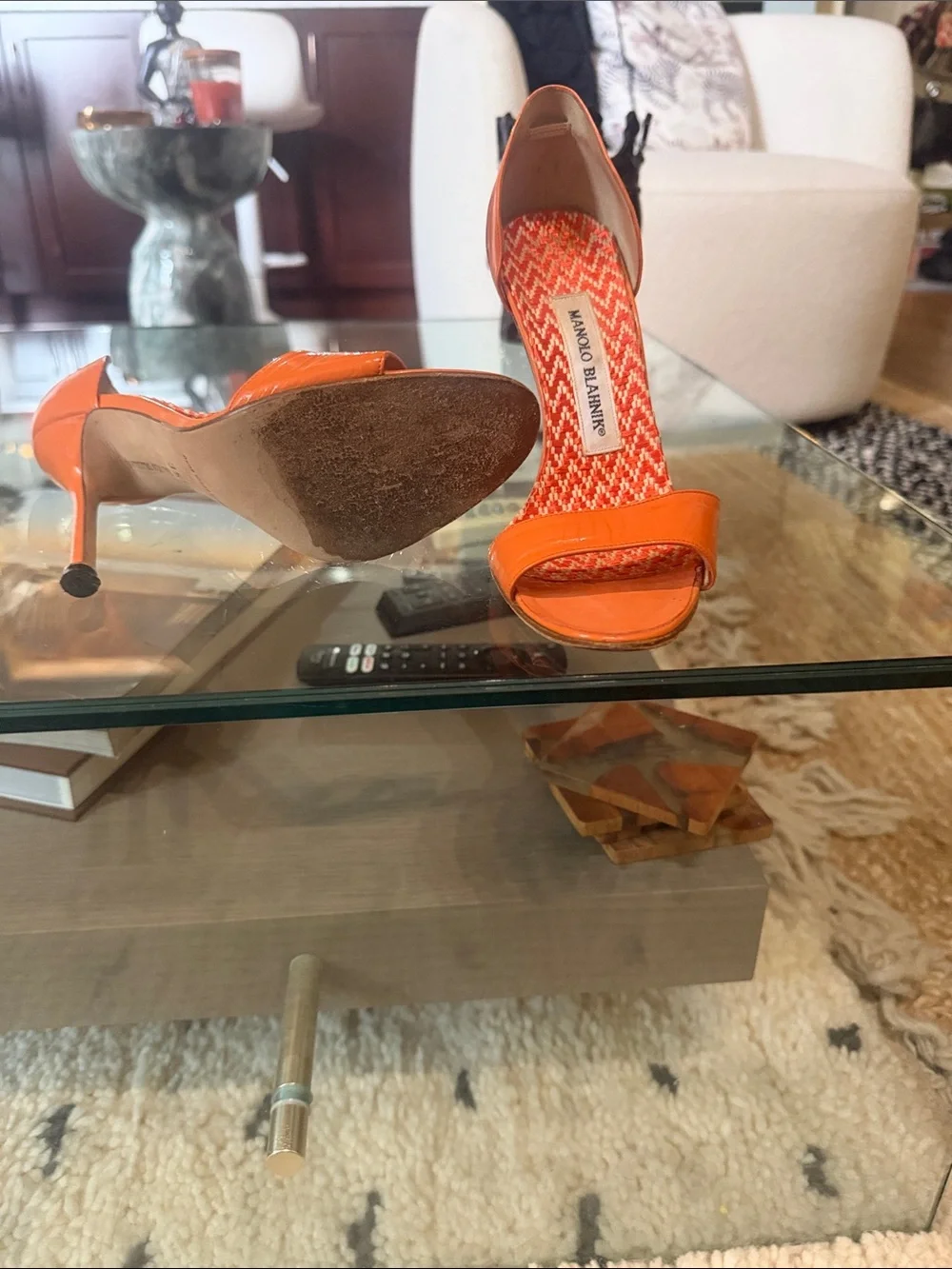 Manolo Blahnik Orange Patent Open-Toe D'Orsay Heels